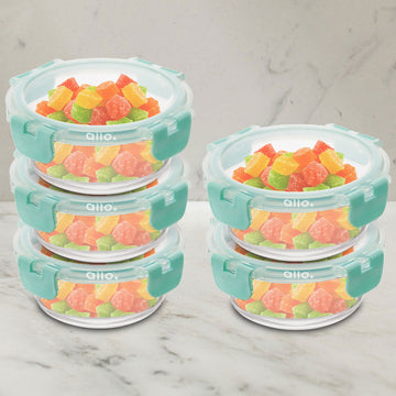 Allo Food Safe Glass Containers with Lids with Break Free Lock, 450°C Oven Microwave Safe Containers, High Borosilicate Meal Prep Glass Food Storage Containers for Kitchen, Set of 5, 215ml x 5, Round - Allo Innoware
