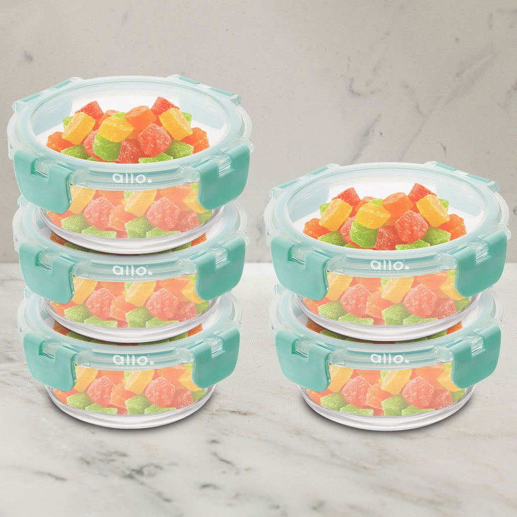 Allo Food Safe Glass Containers with Lids with Break Free Lock, 450°C Oven Microwave Safe Containers, High Borosilicate Meal Prep Glass Food Storage Containers for Kitchen, Set of 5, 215ml x 5, Round - Allo Innoware