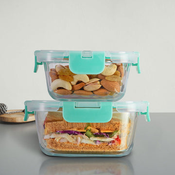 Allo Food Safe Glass Containers with Lids with Break Free Lock, 450°C Oven Microwave Safe, High Borosilicate Meal Prep Food Storage Containers for Kitchen, Set of 2 800ml, 310ml, Square. - Allo Innoware