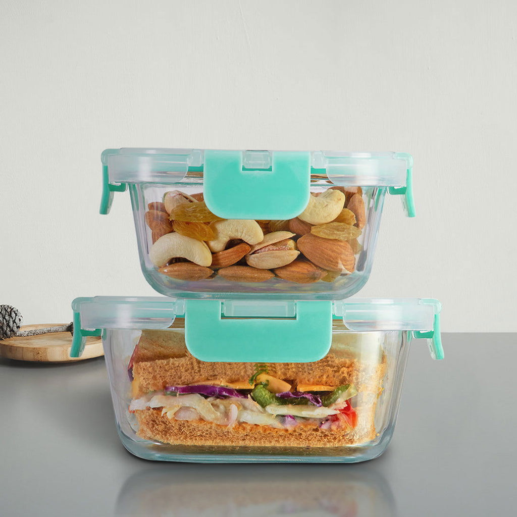 Allo Food Safe Glass Containers with Lids with Break Free Lock, 450°C Oven Microwave Safe, High Borosilicate Meal Prep Food Storage Containers for Kitchen, Set of 2 800ml, 310ml, Square. - Allo Innoware