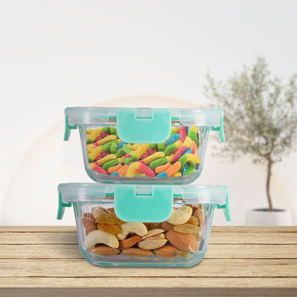 Allo Food Safe Glass Containers with Lids with Break Free Lock, Microwave Safe Containers, Borosilicate Meal Prep Glass Food Storage Containers for Kitchen, Set of 2 160ml, 310ml, Square. - Allo Innoware