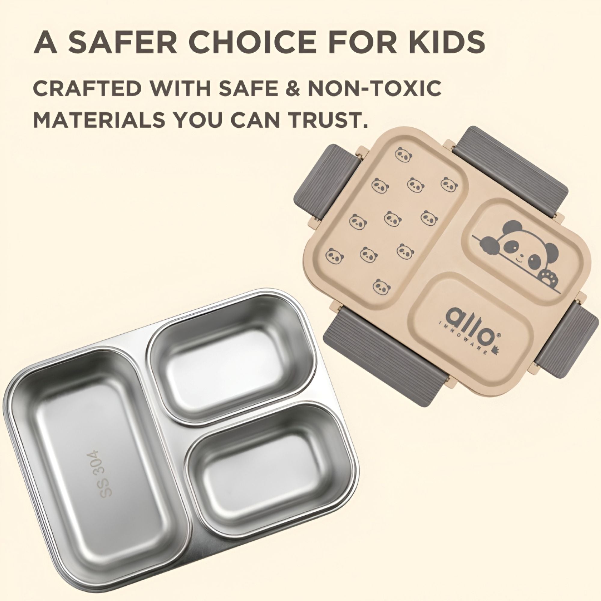 Allo Bento Stainless Steel Lunch Box for Kids- BIS Approved, 304 Stainless Steel 3 Compartment Leakproof Tiffin Box for Boys and Girls for School, Travelling, Baby Snacks, 740ml Beige Panda