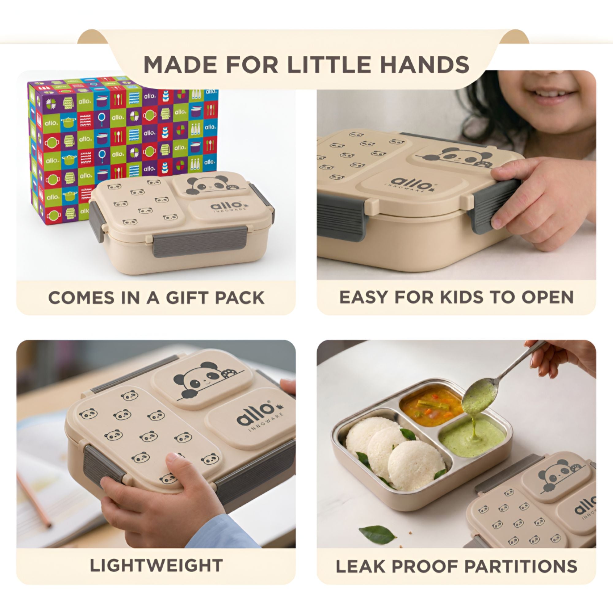 Allo Bento Stainless Steel Lunch Box for Kids- BIS Approved, 304 Stainless Steel 3 Compartment Leakproof Tiffin Box for Boys and Girls for School, Travelling, Baby Snacks, 740ml Beige Panda