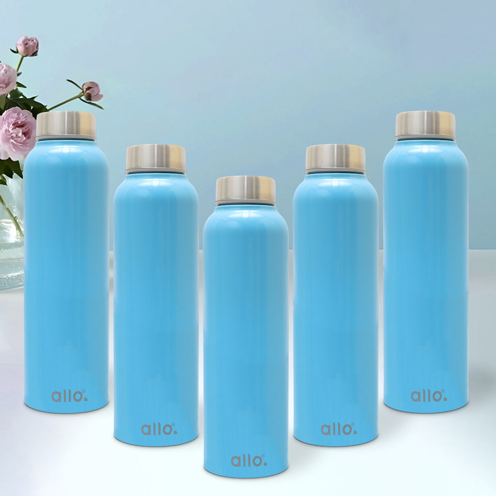 Allo Stainless Steel Water Bottle For Adults, Kids 0.95 Litre Water Bottles For School, Office, Sports, Gym 950ML Water Bottle For Men And Women, Pack Of 5 | Leak Proof & Bpa Free, True Blue Steel Cap