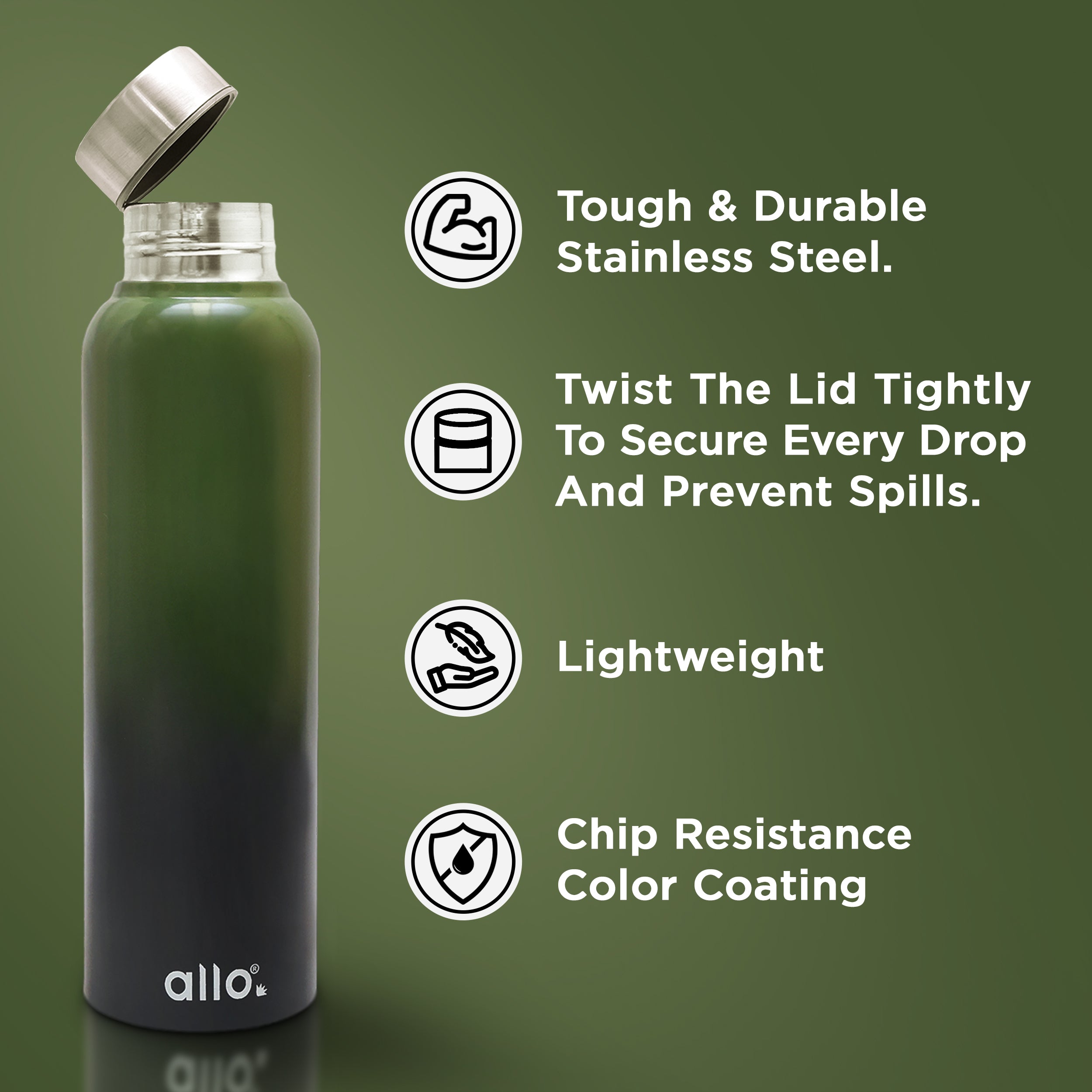Allo Stainless Steel Water Bottle For Adults, Kids 0.95 Litre Water Bottles For School, Office, Sports, Gym 950ML Water Bottle For Men And Women, Pack Of 2| Leak Proof, Bpa Free, Olive Green & Dark Grey
