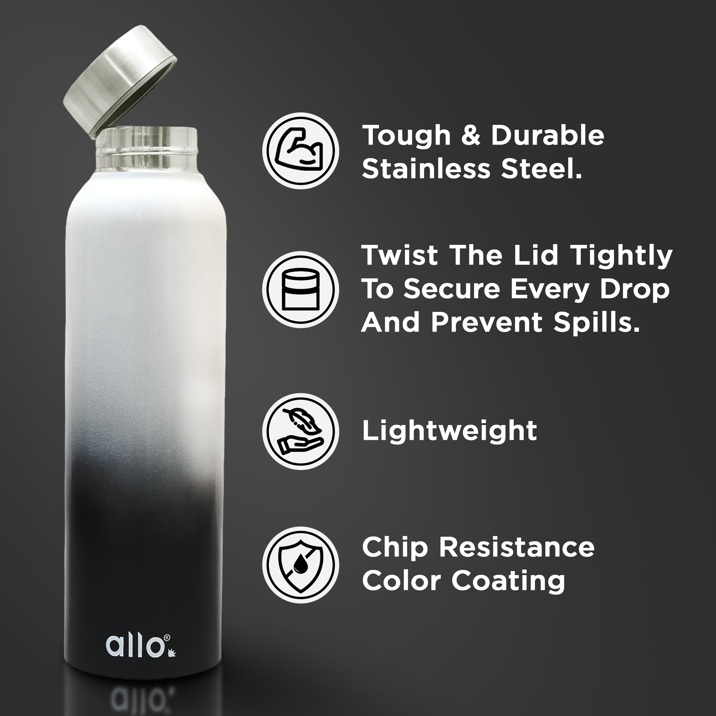 Allo Stainless Steel Water Bottle For Adults, Kids 0.95 Litre Water Bottles For School, Office, Sports, Gym 950ML Water Bottle For Men And Women, Pack Of 2| Leak Proof, Bpa Free, Dark Grey & White Black