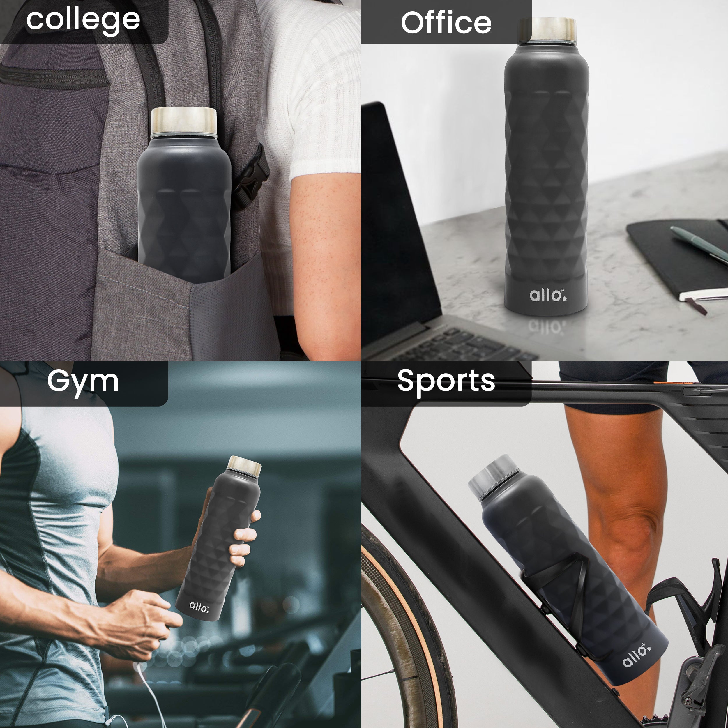 Allo Stainless Steel Water Bottle For Adults, Kids 0.95 Litre Water Bottles For School, Office, Sports, Gym 950ML Water Bottle For Men And Women, Pack Of 2| Leak Proof, Bpa Free, Black & Dark Grey Diamond