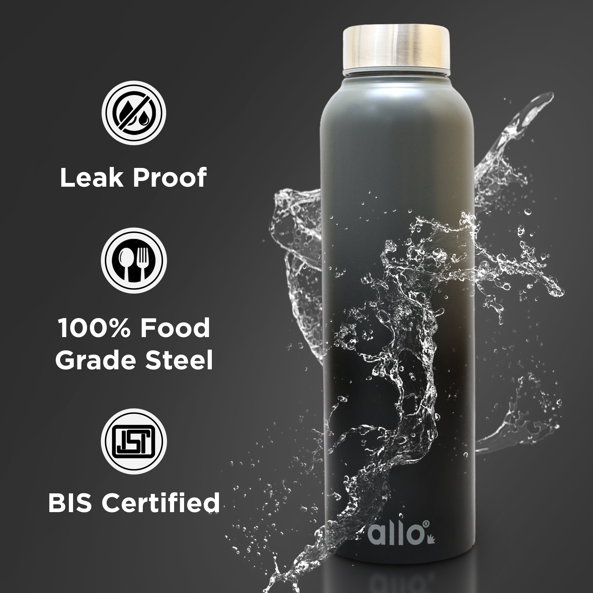 Allo Stainless Steel Water Bottle For Adults, Kids 0.95 Litre Water Bottles For School, Office, Sports, Gym 950ML Water Bottle For Men And Women, Pack Of 2| Leak Proof, Bpa Free, Olive Green & Dark Grey