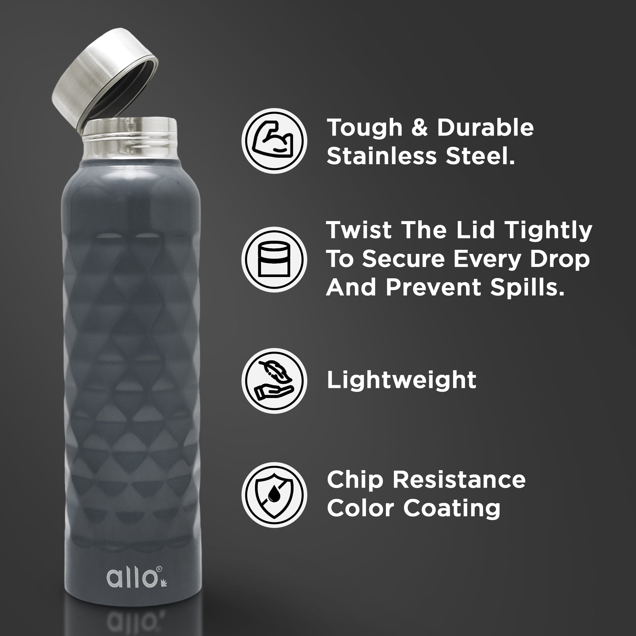Allo Stainless Steel Water Bottle For Adults, Kids 0.95 Litre Water Bottles For School, Office, Sports, Gym 950ML Water Bottle For Men And Women, Pack Of 2| Leak Proof, Bpa Free, Black & Dark Grey Diamond