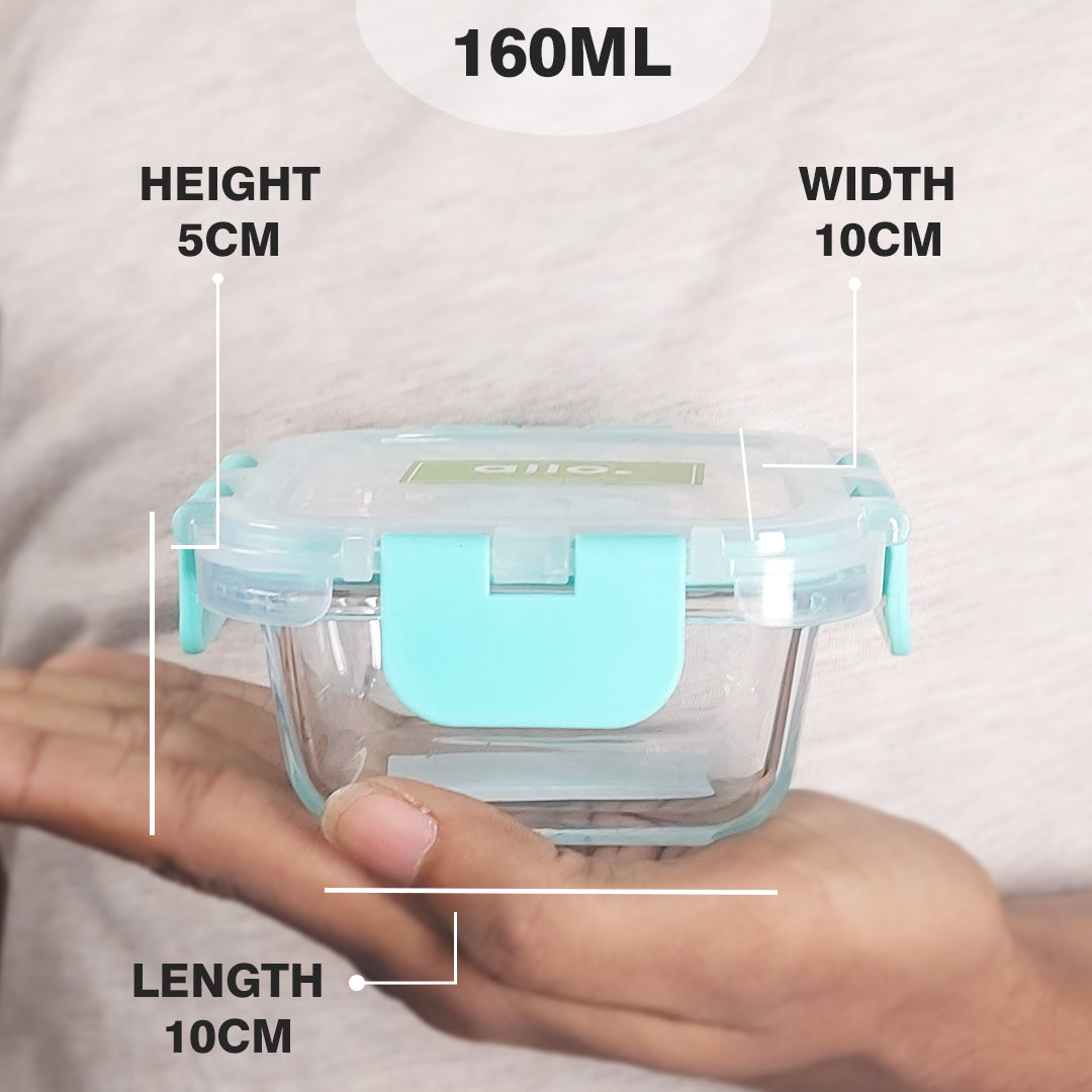 Allo Food Safe Glass Containers with Lids with Break Free Lock, Oven & Microwave Safe Containers, High Borosilicate Meal Prep Glass Food Storage Containers for Kitchen, 160ml, Square