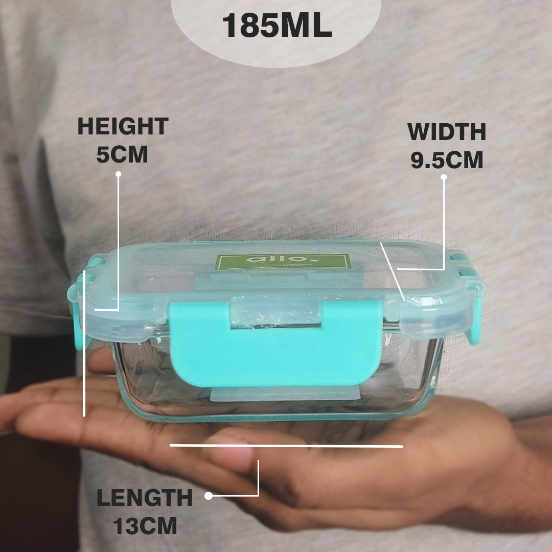 Allo Food Safe Glass Containers with Lids with Break Free Lock, Oven & Microwave Safe Containers, High Borosilicate Meal Prep Glass Food Storage Containers for Kitchen, 185ml, Rectangle