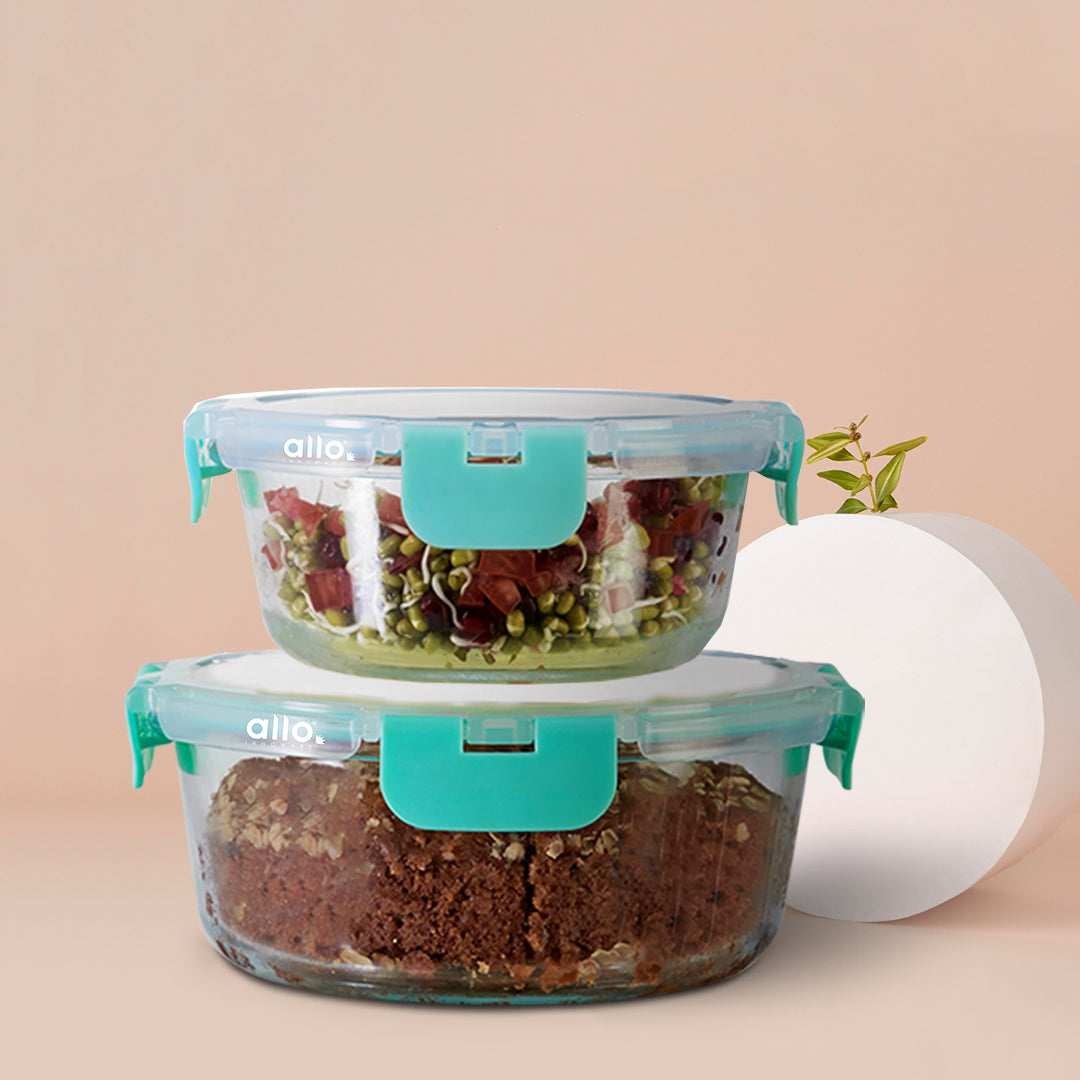 Allo Food Safe Glass Containers with Lids with Break Free Lock, Microwave Safe Containers, Borosilicate Meal Prep Glass Food Storage Containers for Kitchen, Set of 2, 390ml, 930ml, Round