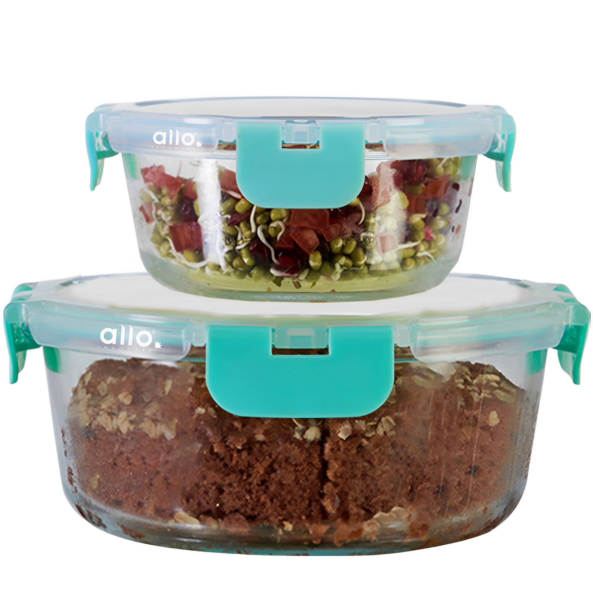 Allo Food Safe Glass Containers with Lids with Break Free Lock, Microwave Safe Containers, Borosilicate Meal Prep Glass Food Storage Containers for Kitchen, Set of 2, 390ml, 930ml, Round