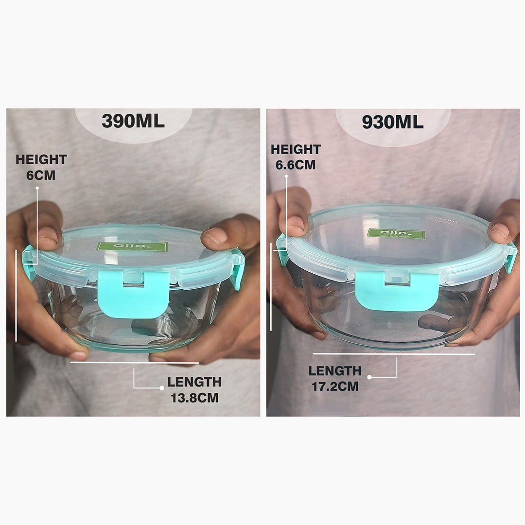 Allo Food Safe Glass Containers with Lids with Break Free Lock, Microwave Safe Containers, Borosilicate Meal Prep Glass Food Storage Containers for Kitchen, Set of 2, 390ml, 930ml, Round