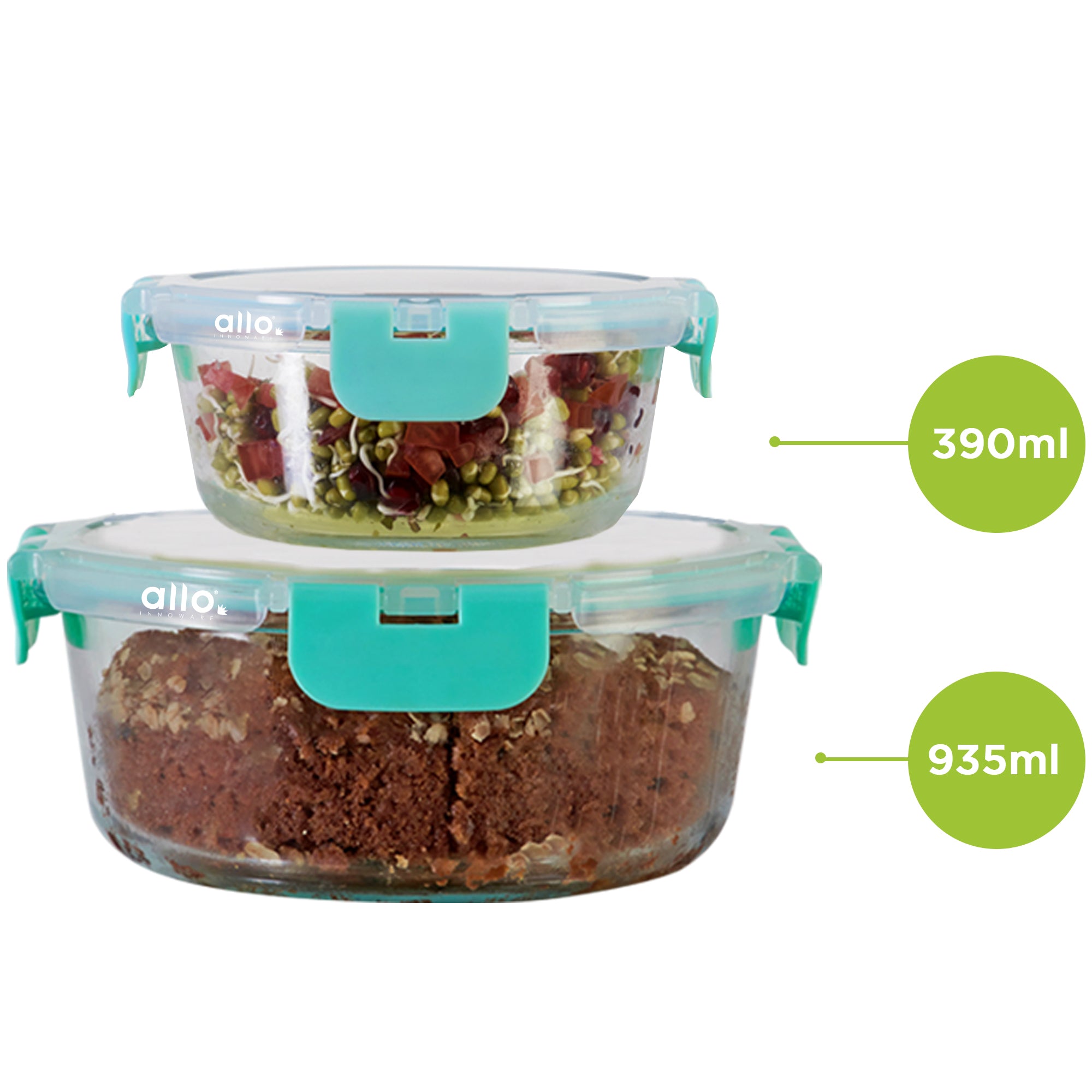 Allo Food Safe Glass Containers with Lids with Break Free Lock, Microwave Safe Containers, Borosilicate Meal Prep Glass Food Storage Containers for Kitchen, Set of 2, 390ml, 930ml, Round