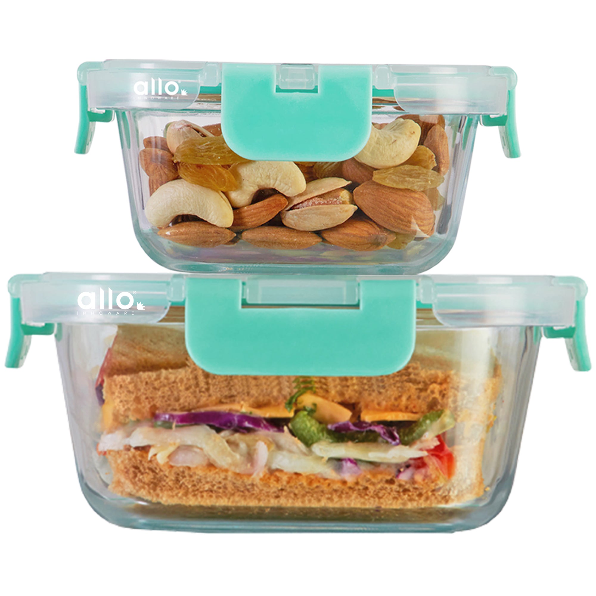 Allo Food Safe Glass Containers with Lids with Break Free Lock, 450°C Oven Microwave Safe, High Borosilicate Meal Prep Food Storage Containers for Kitchen, Set of 2 800ml, 310ml, Square.