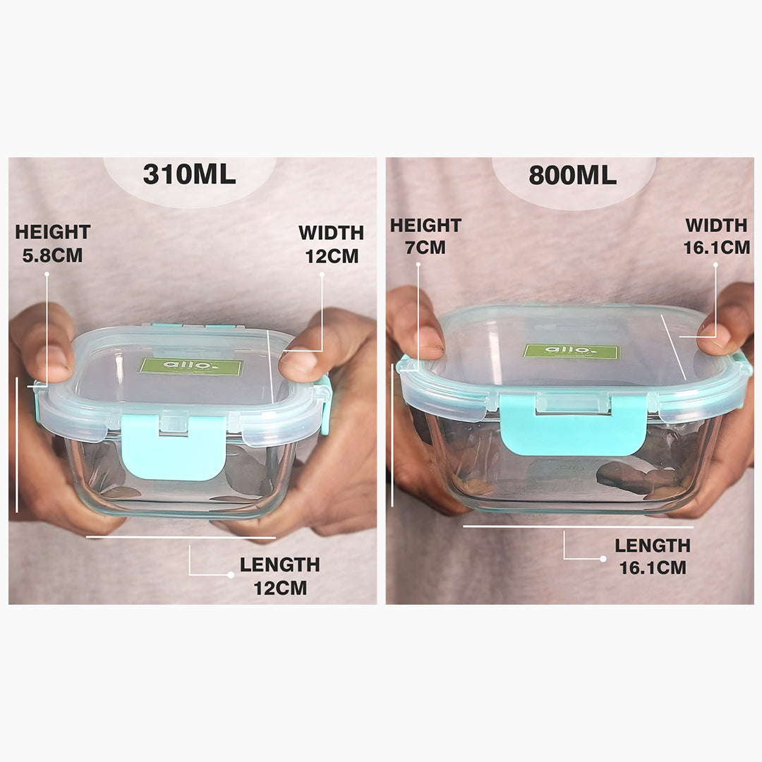 Allo Food Safe Glass Containers with Lids with Break Free Lock, 450°C Oven Microwave Safe, High Borosilicate Meal Prep Food Storage Containers for Kitchen, Set of 2 800ml, 310ml, Square.