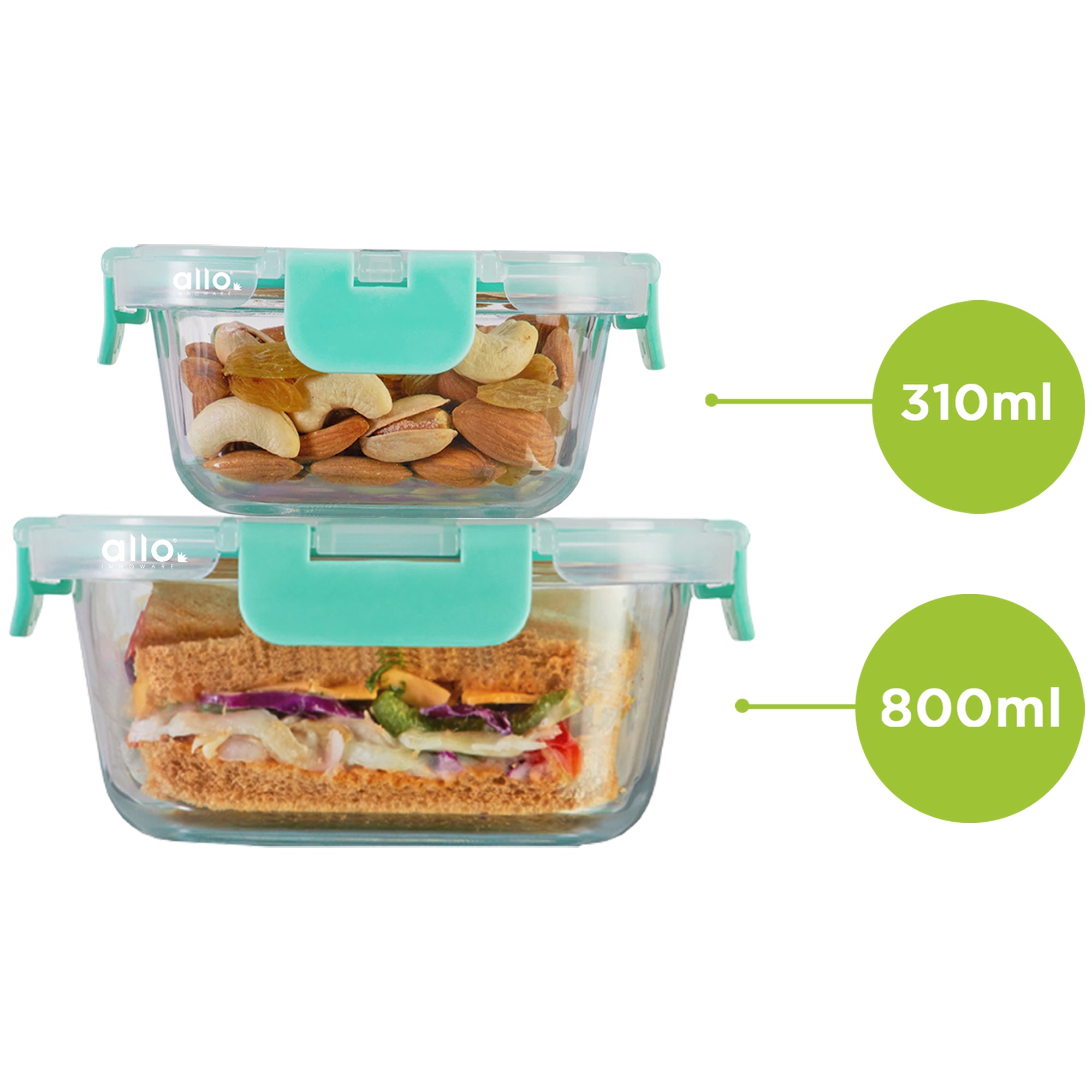 Allo Food Safe Glass Containers with Lids with Break Free Lock, 450°C Oven Microwave Safe, High Borosilicate Meal Prep Food Storage Containers for Kitchen, Set of 2 800ml, 310ml, Square.