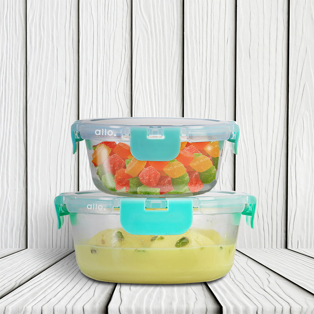 Allo Food Safe Glass Containers with Lids with Break Free Lock, Microwave Safe Containers, Borosilicate Meal Prep Glass Food Storage Containers for Kitchen, Set of 2, 215ml, 635ml, Round