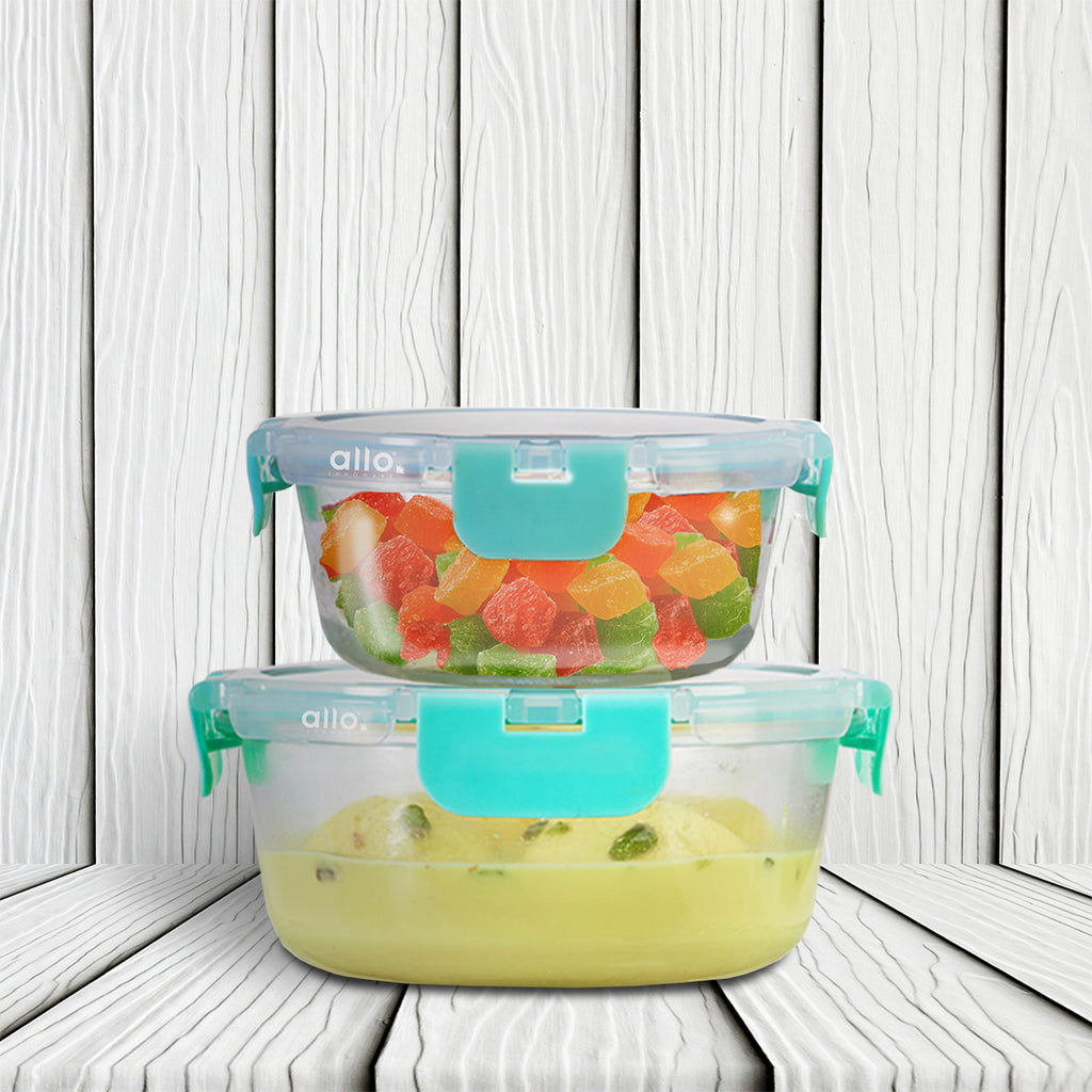 Allo Food Safe Glass Containers with Lids with Break Free Lock, Microwave Safe Containers, Borosilicate Meal Prep Glass Food Storage Containers for Kitchen, Set of 2, 215ml, 635ml, Round