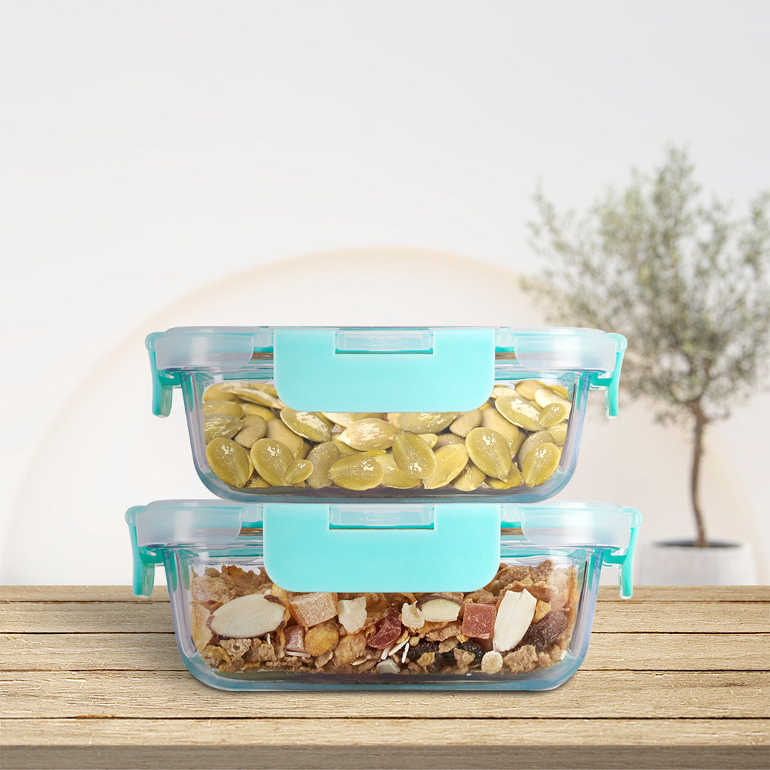 Allo Food Safe Glass Containers With Lids With Break Free Lock,Microwave Safe Containers,Borosilicate Meal Prep Glass Food Storage Containers For Kitchen,Set Of 2 185Ml,370Ml Rectangle - Transparent