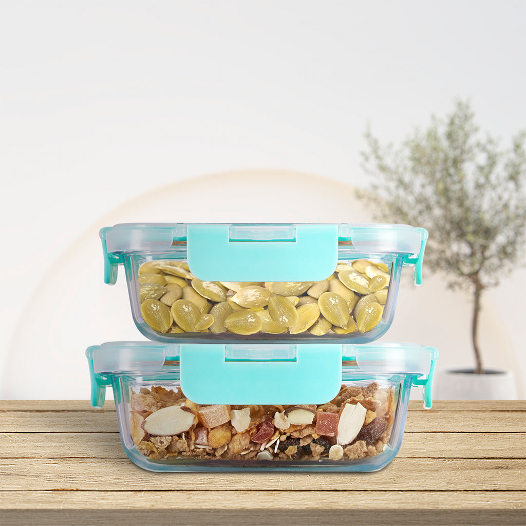 Allo Food Safe Glass Containers With Lids With Break Free Lock,Microwave Safe Containers,Borosilicate Meal Prep Glass Food Storage Containers For Kitchen,Set Of 2 185Ml,370Ml Rectangle - Transparent