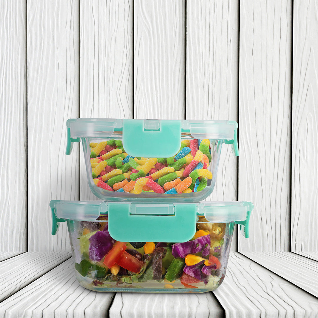 Allo Food Safe Glass Containers with Lids with Break Free Lock, Microwave Safe Containers, Borosilicate Meal Prep Glass Food Storage Containers for Kitchen, Set of 2 160ml, 520ml, Square.