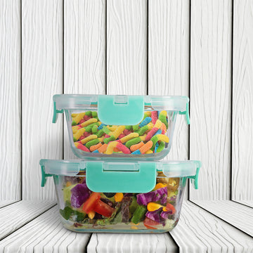 Allo Food Safe Glass Containers with Lids with Break Free Lock, Microwave Safe Containers, Borosilicate Meal Prep Glass Food Storage Containers for Kitchen, Set of 2 160ml, 520ml, Square.