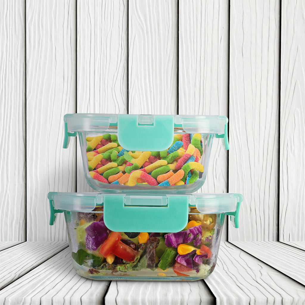 Allo Food Safe Glass Containers with Lids with Break Free Lock, Microwave Safe Containers, Borosilicate Meal Prep Glass Food Storage Containers for Kitchen, Set of 2 160ml, 520ml, Square.
