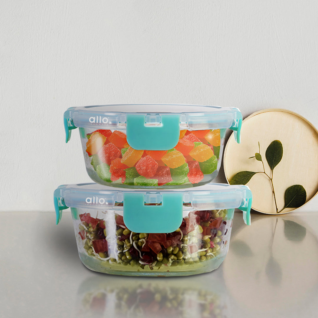 Allo Food Safe Glass Containers with Lids with Break Free Lock, Microwave Safe Containers,Borosilicate Meal Prep Glass Food Storage Containers for Kitchen, Set of 2, 215ml, 390ml, Round