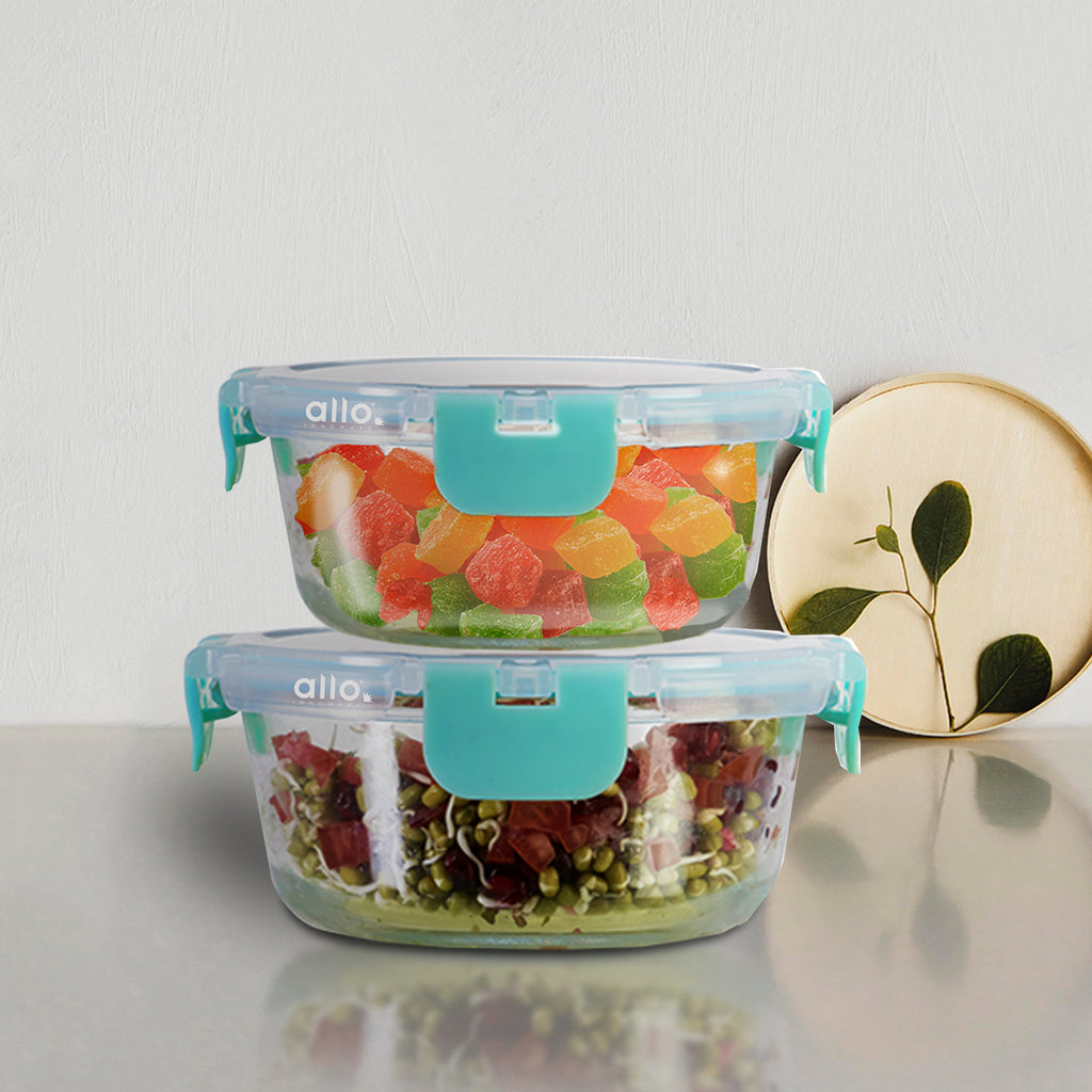 Allo Food Safe Glass Containers with Lids with Break Free Lock, Microwave Safe Containers,Borosilicate Meal Prep Glass Food Storage Containers for Kitchen, Set of 2, 215ml, 390ml, Round