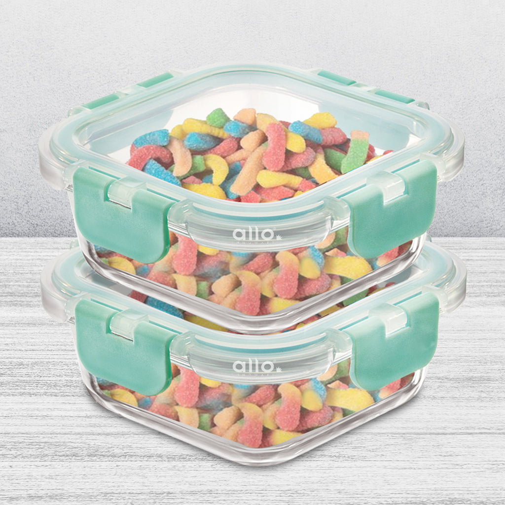 Allo Food Safe Glass Containers with Lids with Break Free Lock, Microwave Safe Containers, Borosilicate Meal Prep Glass Food Storage Containers for Kitchen, Set of 2, 160ml x 2, Square.