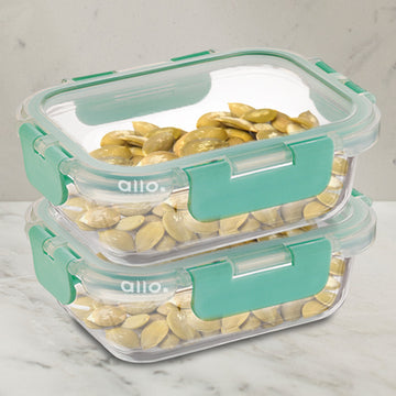 Allo Food Safe Glass Containers with Lids with Break Free Lock, Microwave Safe Containers, High Borosilicate Meal Prep Glass Food Storage Containers for Kitchen, Set of 2, 185ml x 2, Rectangle