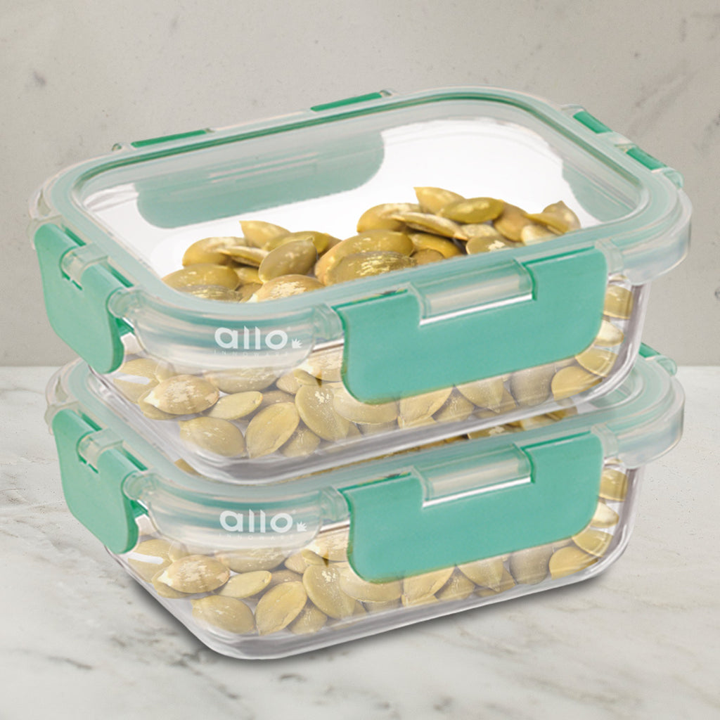 Allo Food Safe Glass Containers with Lids with Break Free Lock, Microwave Safe Containers, High Borosilicate Meal Prep Glass Food Storage Containers for Kitchen, Set of 2, 185ml x 2, Rectangle
