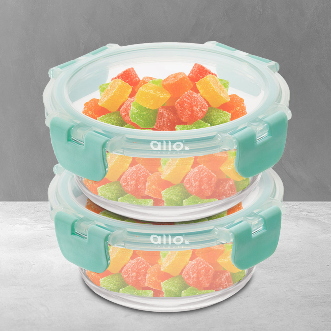 Allo Food Safe Glass Containers with Lids with Break Free Lock, Oven Microwave Safe Containers, High Borosilicate Meal Prep Glass Food Storage Containers for Kitchen, Set of 2, 215ml, Round