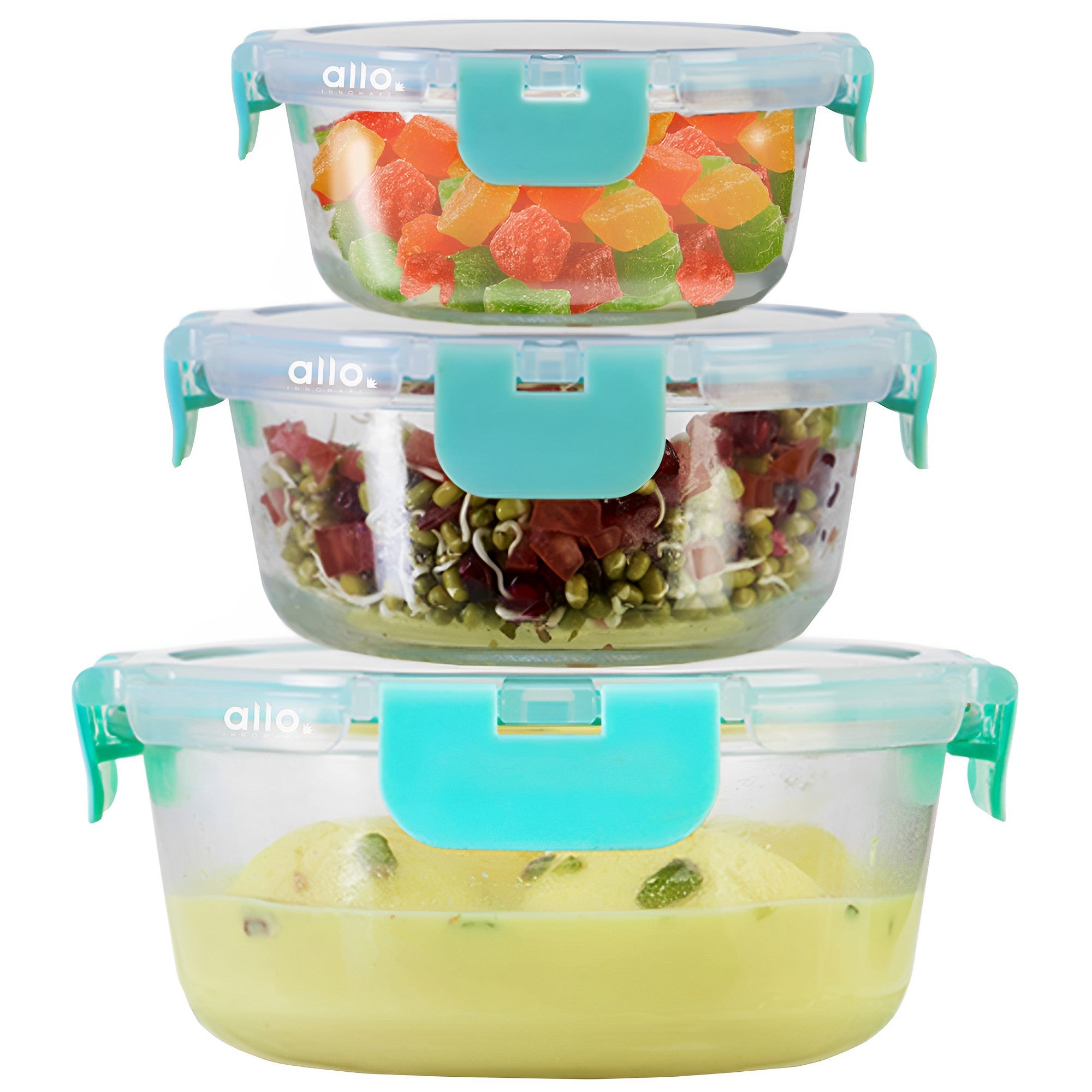 Allo FoodSafe Glass Container With Detachable Lock - 390 ml (Set of 3 (215ml, 390ml, 635ml))