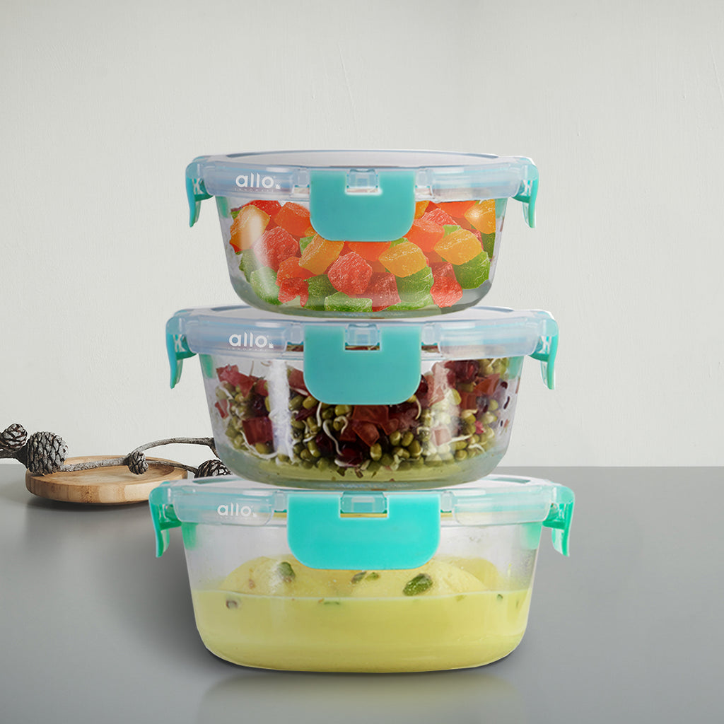 Allo FoodSafe Glass Container With Detachable Lock - 390 ml (Set of 3 (215ml, 390ml, 635ml))