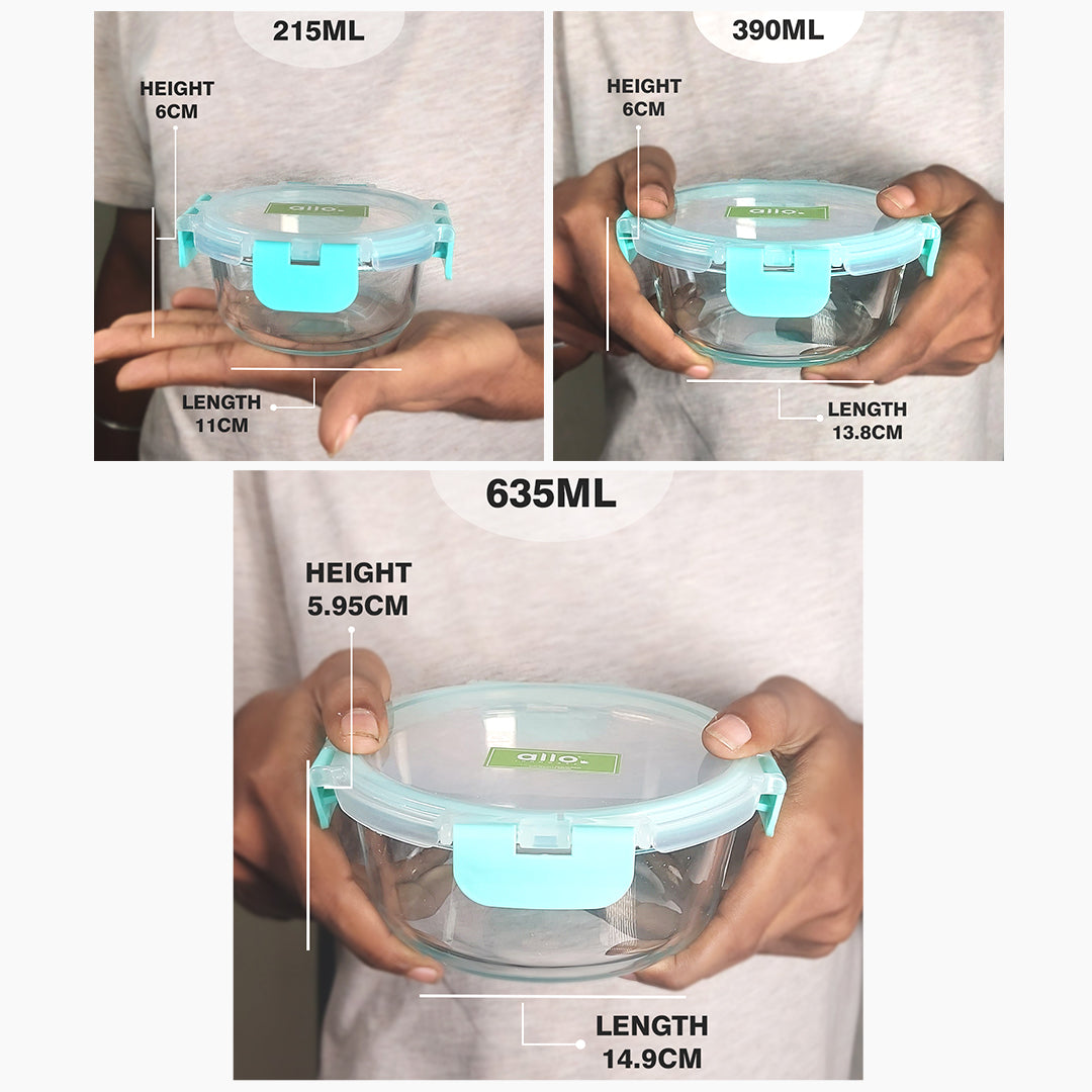Allo FoodSafe Glass Container With Detachable Lock - 390 ml (Set of 3 (215ml, 390ml, 635ml))