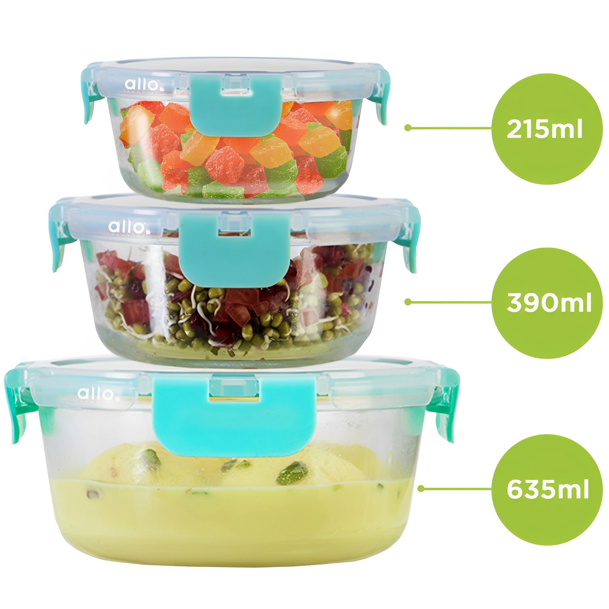 Allo FoodSafe Glass Container With Detachable Lock - 390 ml (Set of 3 (215ml, 390ml, 635ml))