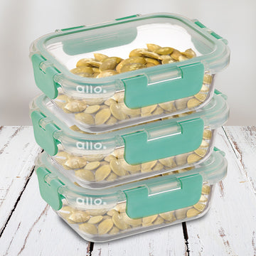 Allo Food Safe Glass Containers with Lids, Microwave Safe Containers, High Borosilicate Meal Prep Glass Food Storage Containers for Kitchen, Set of 3, 185ml x 3, Rectangle