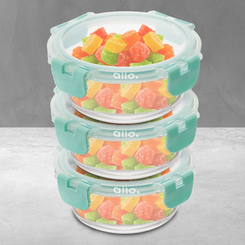Allo Food Safe Glass Containers with Lids with Break Free Lock, Oven Microwave Safe Containers, High Borosilicate Meal Prep Glass Food Storage Containers for Kitchen, Set of 3, 215ml, Round