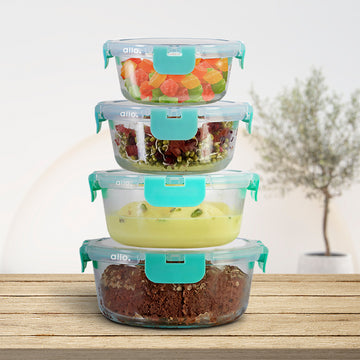Allo Food Safe Glass Containers with Lids, Microwave Safe Containers, Borosilicate Meal Prep Glass Food Storage Containers for Kitchen, Set of 4 215ml, 390ml, 635ml, 930ml Round