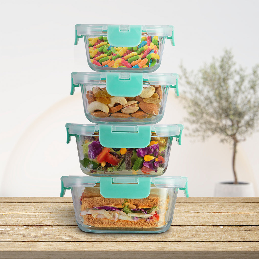 Allo Food Safe Glass Containers with Lids, Microwave Safe, Borosilicate Meal Prep Glass Food Storage Container for Kitchen,Set of 4 160ml,310ml,520ml,800ml.