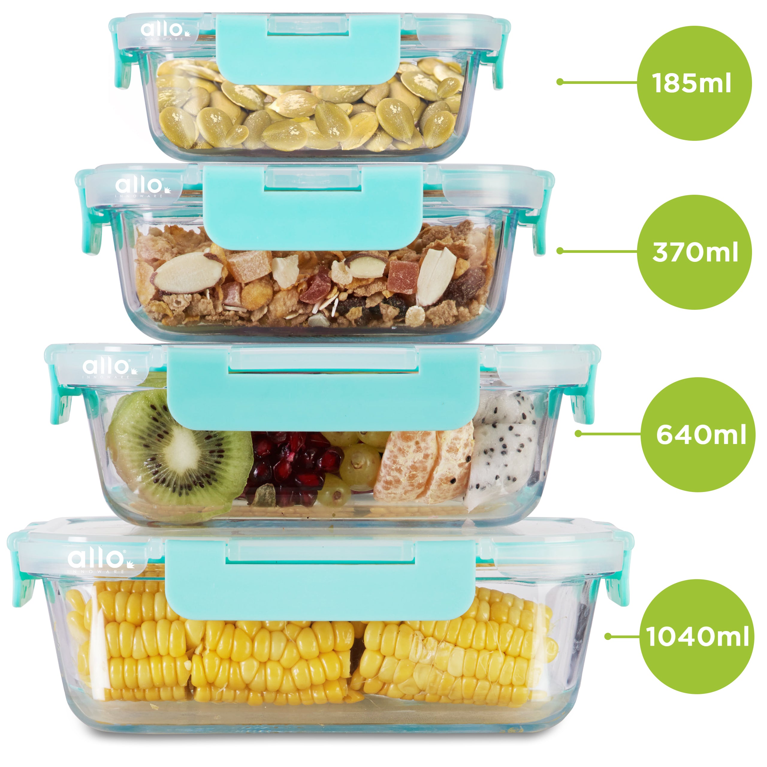 Allo Food Safe Glass Containers With Lids, Microwave Safe, Borosilicate Meal Prep Glass Food Storage Container For Kitchen, Set Of 4 185Ml, 370Ml, 640Ml, 1040Ml - Transparent