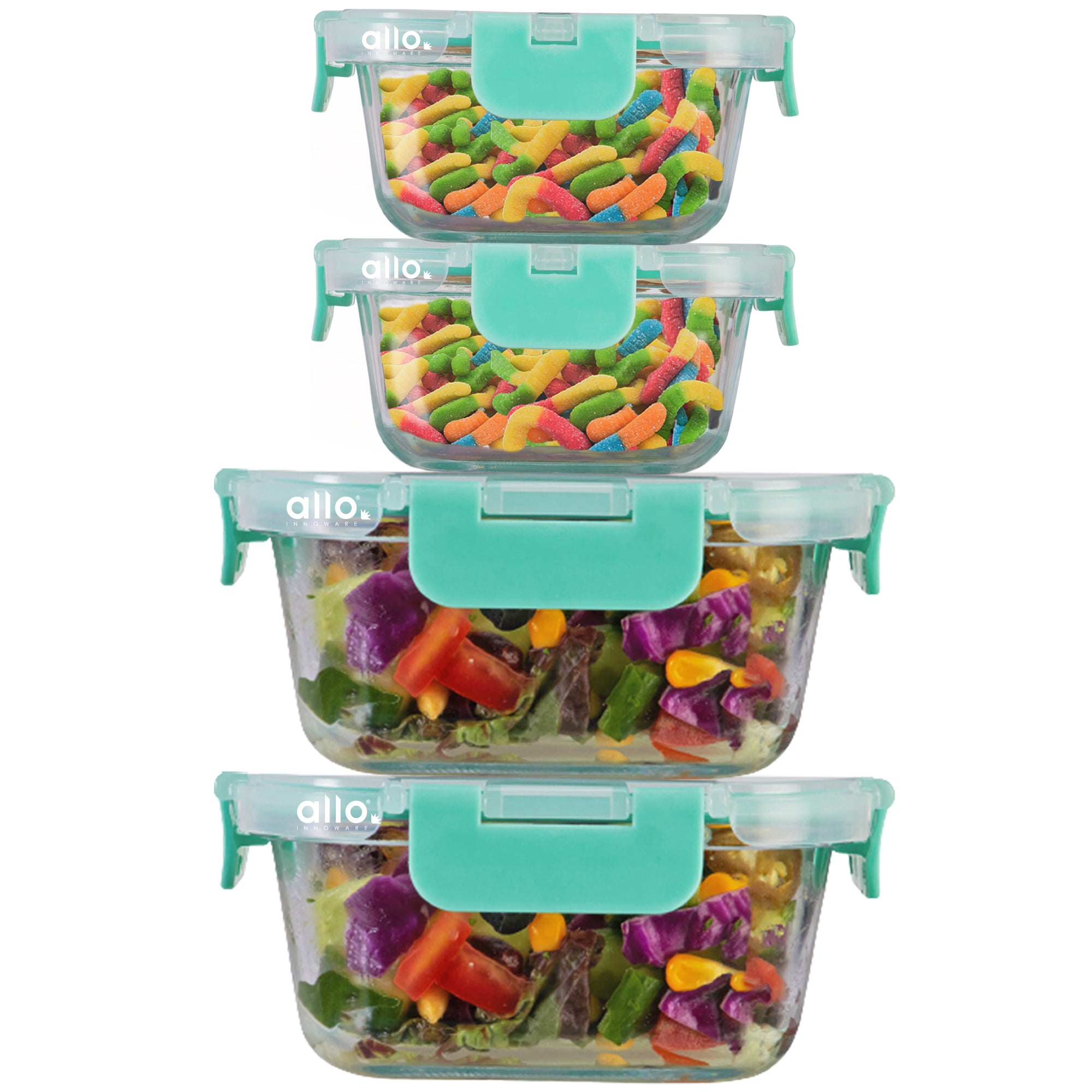 Allo Food Safe Glass Containers With Lids With Break Free Lock,Microwave Safe Containers,Borosilicate Meal Prep Glass Food Storage Containers For Kitchen, Set Of 4 160Ml X 2, 520Ml X 2 - Transparent