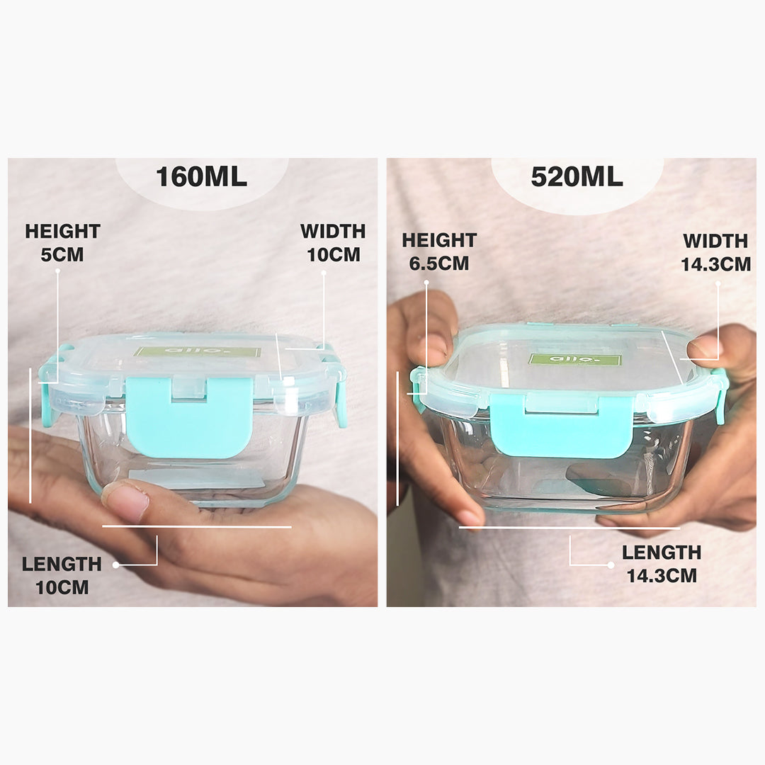 Allo Food Safe Glass Containers With Lids With Break Free Lock,Microwave Safe Containers,Borosilicate Meal Prep Glass Food Storage Containers For Kitchen, Set Of 4 160Ml X 2, 520Ml X 2 - Transparent
