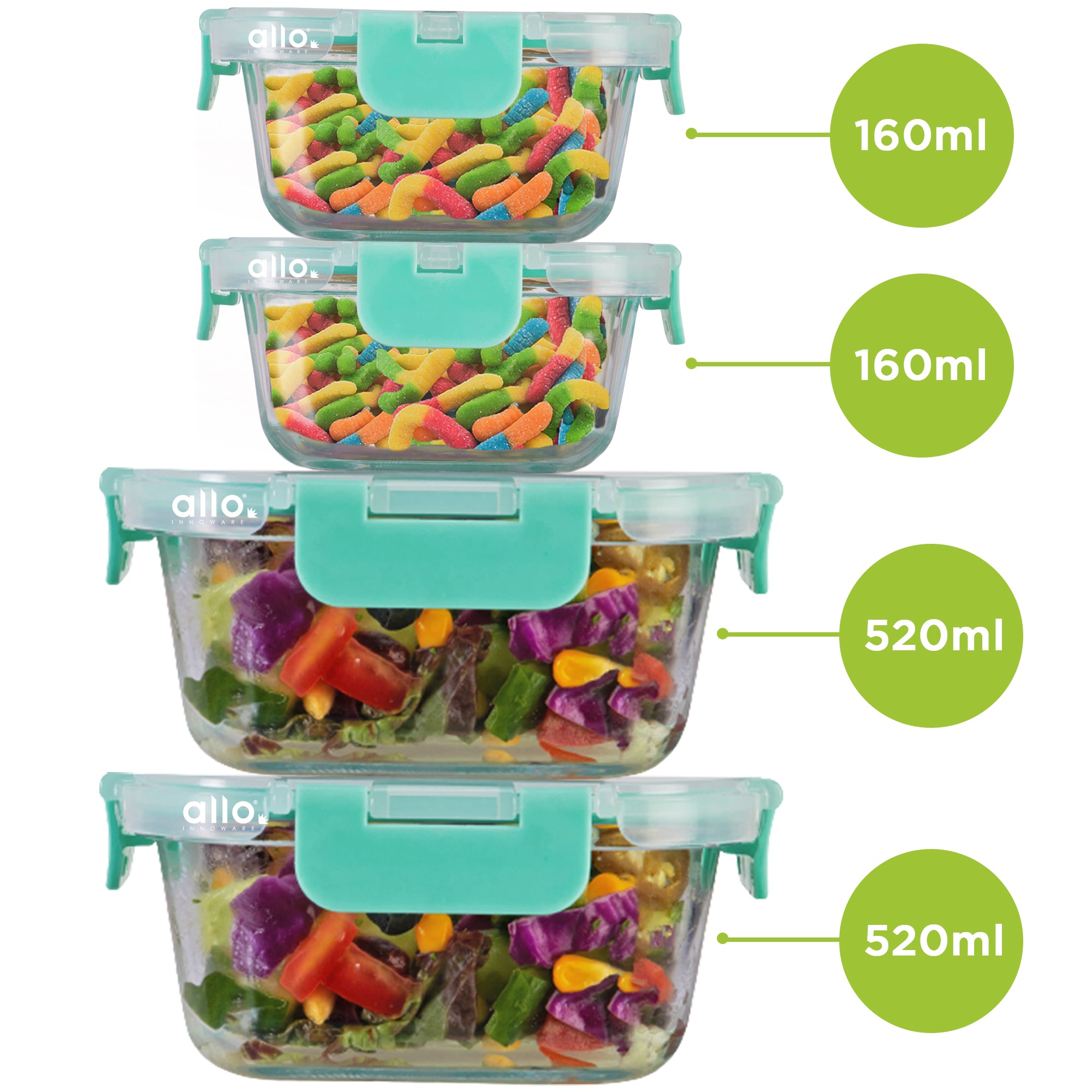 Allo Food Safe Glass Containers With Lids With Break Free Lock,Microwave Safe Containers,Borosilicate Meal Prep Glass Food Storage Containers For Kitchen, Set Of 4 160Ml X 2, 520Ml X 2 - Transparent
