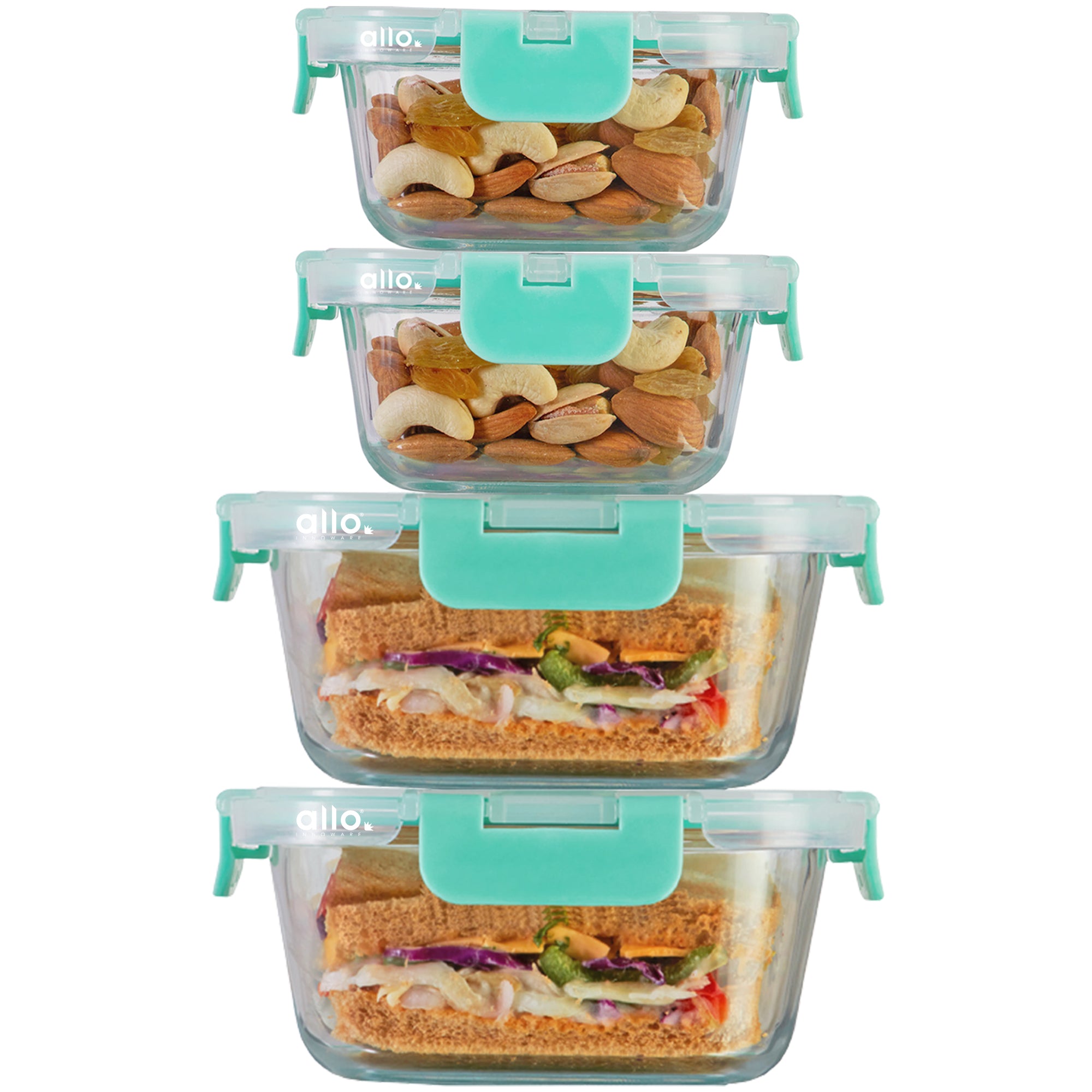 Allo Food Safe Glass Containers with Lids with Break Free Lock, Oven & Microwave Safe Containers,Borosilicate Meal Prep Glass Food Storage Containers for Kitchen,Set of 4 310ml x 2,800ml x 2.