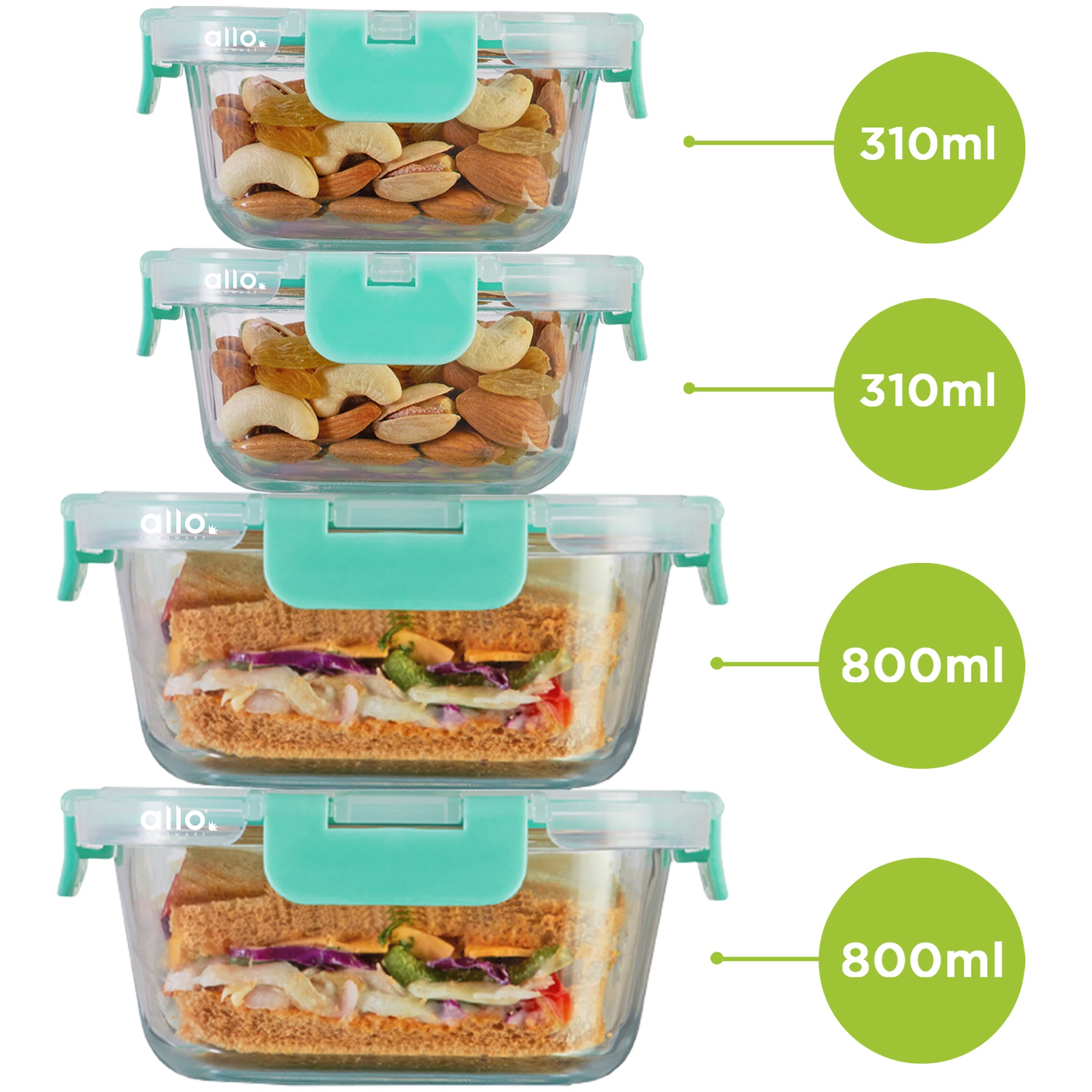 Allo Food Safe Glass Containers with Lids with Break Free Lock, Oven & Microwave Safe Containers,Borosilicate Meal Prep Glass Food Storage Containers for Kitchen,Set of 4 310ml x 2,800ml x 2.