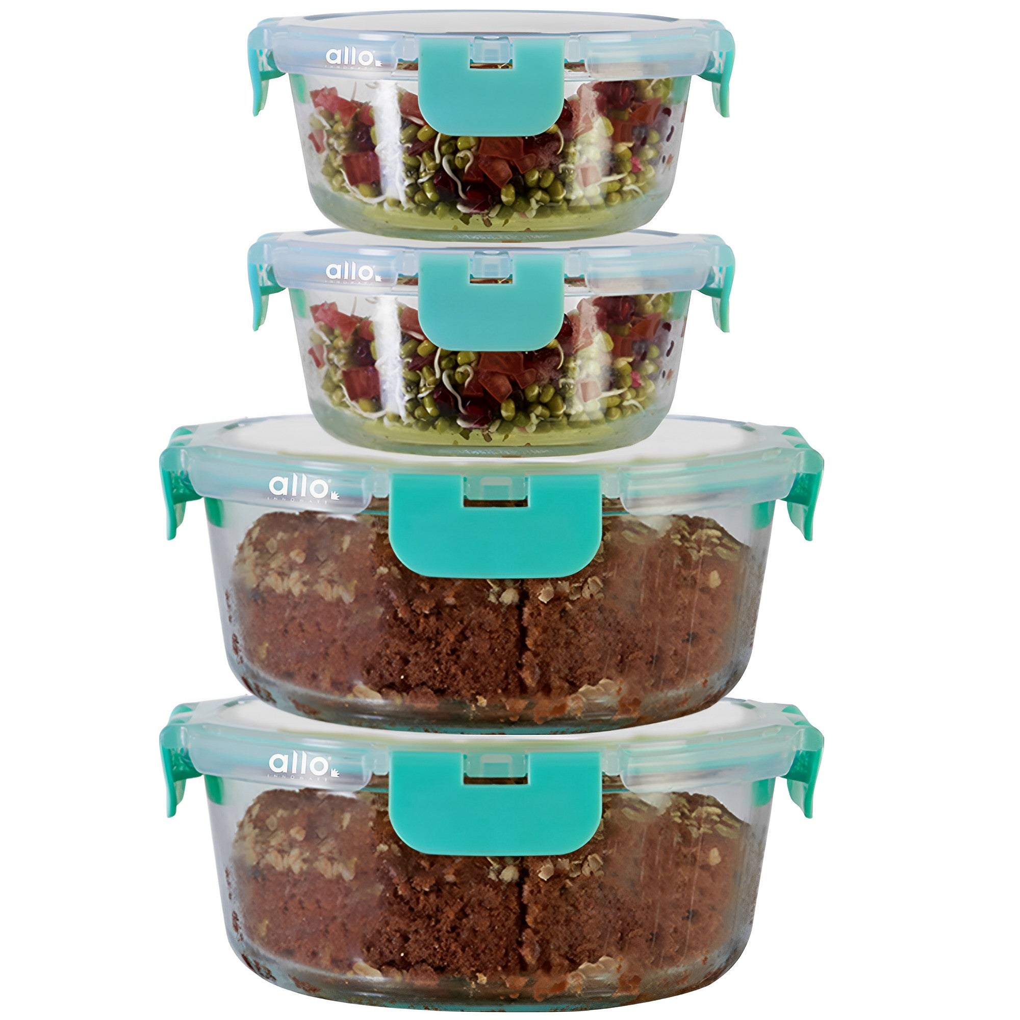 Allo Food Safe Glass Containers with Lids with Break Free Lock,Microwave Safe Containers, Borosilicate Meal Prep Glass Food Storage Containers for Kitchen, Set of 4 390ml, 930ml, Round.
